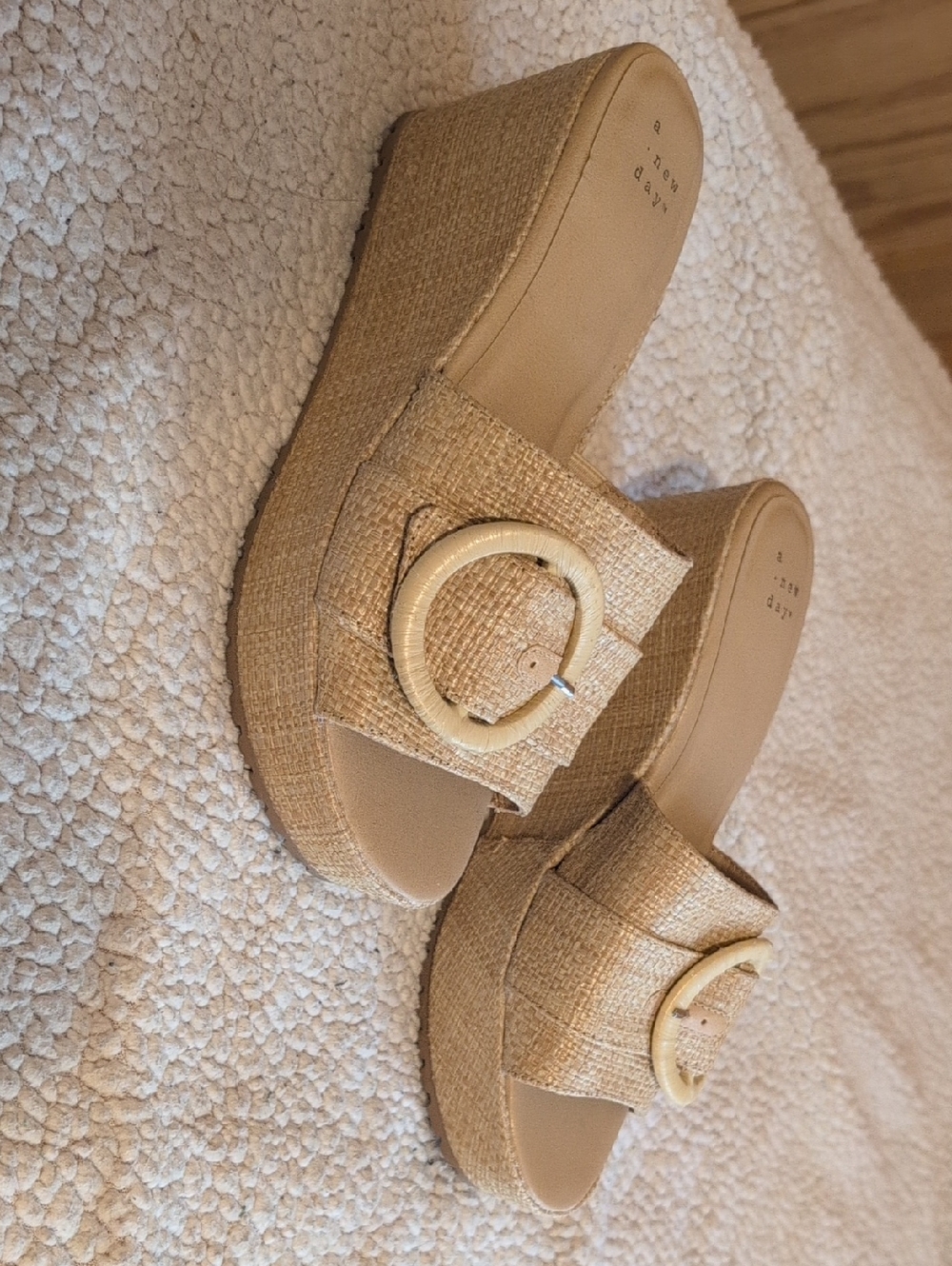 Woven Buckle Platform Slide Sandals - Natural Tan